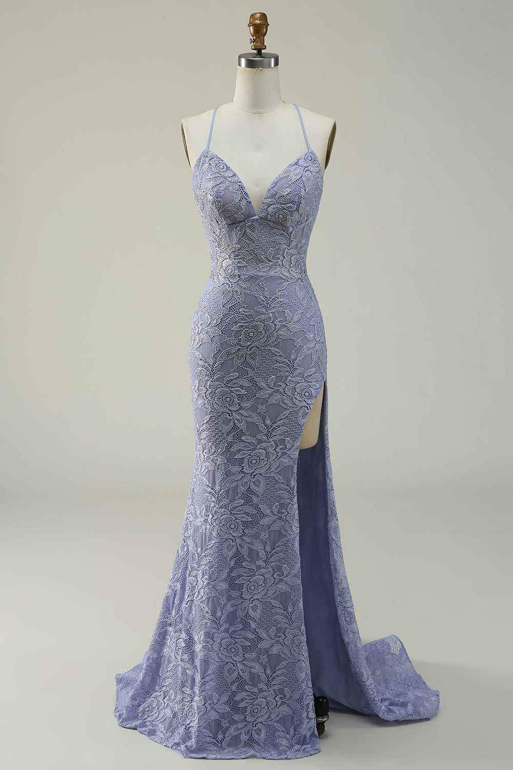 Halter Mermaid Purple Lace Long Prom Dress