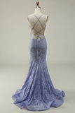 Halter Mermaid Purple Lace Long Prom Dress