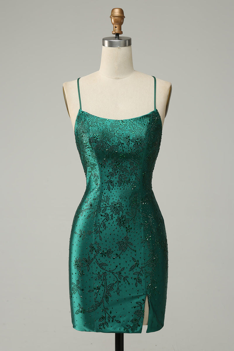 Load image into Gallery viewer, Dark Green Beaded Bodycon Prom Dress With Criss Cross Back