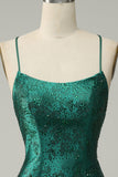 Dark Green Beaded Bodycon Prom Dress With Criss Cross Back