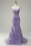 Mermaid Spaghetti Straps Purple Prom Dress with Beading