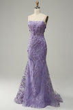 Mermaid Spaghetti Straps Purple Prom Dress with Beading