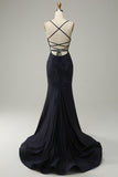 Navy Strapless Sweetheart Beaded Prom Dress with Split