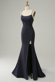 Navy Strapless Sweetheart Beaded Prom Dress with Split