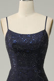 Navy Strapless Sweetheart Beaded Prom Dress with Split