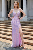 Purple Sparkly Appliques Corset Prom Dress with Slit