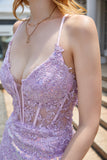 Purple Sparkly Appliques Corset Prom Dress with Slit