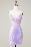 Bling Bodycon Spaghetti Straps Purple Corset Graduation Dress with Criss Cross Back