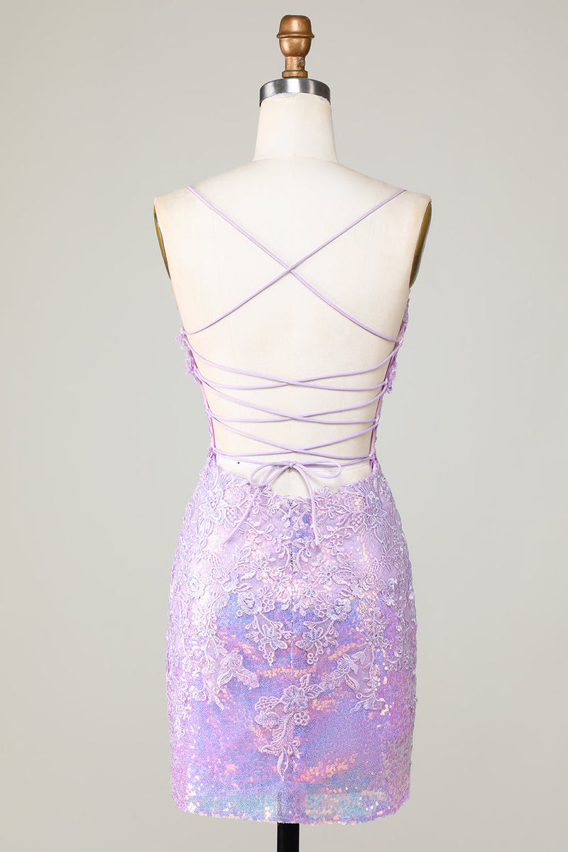 Load image into Gallery viewer, Bling Bodycon Spaghetti Straps Purple Corset Graduation Dress with Criss Cross Back