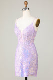 Bling Bodycon Spaghetti Straps Purple Corset Graduation Dress with Criss Cross Back