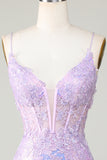 Bling Bodycon Spaghetti Straps Purple Corset Graduation Dress with Criss Cross Back