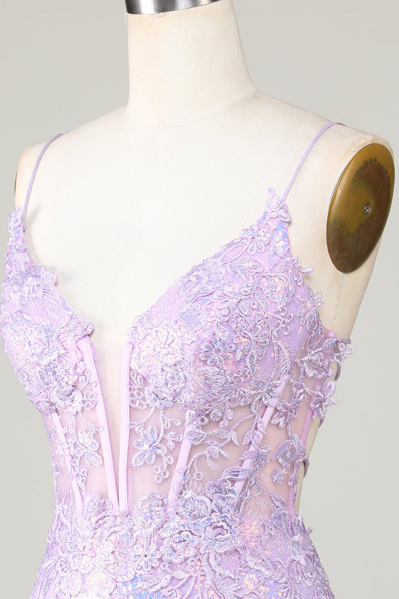 Load image into Gallery viewer, Bling Bodycon Spaghetti Straps Purple Corset Graduation Dress with Criss Cross Back