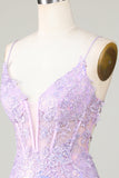 Bling Bodycon Spaghetti Straps Purple Corset Graduation Dress with Criss Cross Back