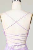 Bling Bodycon Spaghetti Straps Purple Corset Graduation Dress with Criss Cross Back