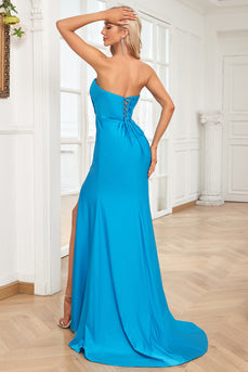 Mermaid Sweetheart Blue Long Prom Dress with Split Front