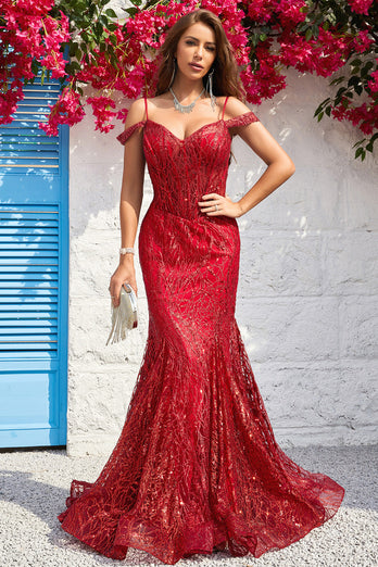 Mermaid Off the Shoulder Burgundy Corset Prom Dress with Bronzing