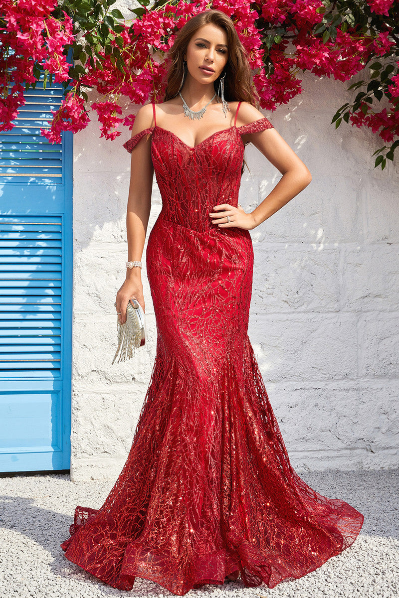 Load image into Gallery viewer, Mermaid Off the Shoulder Burgundy Corset Prom Dress with Bronzing