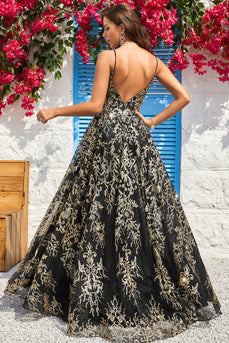 A Line Spaghetti Straps Black Golden Long Prom Dress with Bronzing