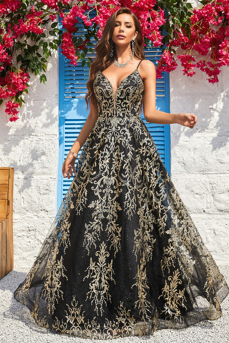 Load image into Gallery viewer, A Line Spaghetti Straps Black Golden Long Prom Dress with Bronzing