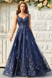 A Line Off the Shoulder Navy Long Prom Dress with Appliques