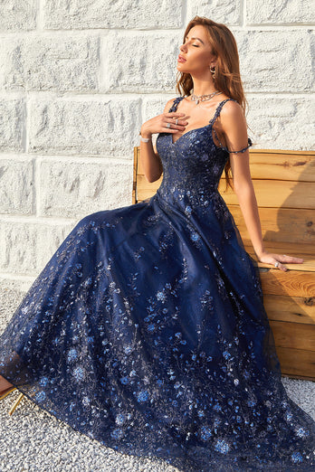 A Line Off the Shoulder Navy Long Prom Dress with Appliques