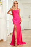 Mermaid Halter Neck Fuchsia Long Prom Dress with Split Front