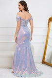 Sparkly Mermaid Off The Shoulder Purple Long Prom Dress with Slit