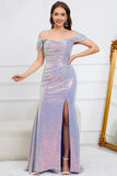 Sparkly Mermaid Off The Shoulder Purple Long Prom Dress with Slit