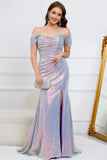 Sparkly Mermaid Off The Shoulder Purple Long Prom Dress with Slit