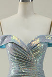 Mermaid Blue Sparkly Off the Shoulder Prom Dress With Slit