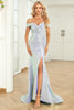 Load image into Gallery viewer, Mermaid Off the Shoulder Blue Sequins Long Prom Dress with Split Front