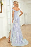 Mermaid Off the Shoulder Blue Sequins Long Prom Dress with Split Front