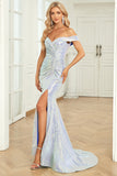 Mermaid Off the Shoulder Blue Sequins Long Prom Dress with Split Front