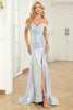 Load image into Gallery viewer, Mermaid Off the Shoulder Blue Sequins Long Prom Dress with Split Front