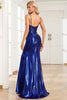 Load image into Gallery viewer, Mermaid Spaghetti Straps Navy Long Prom Dress with Split Front