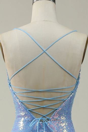 Blue Sequined Spaghetti Straps Mermaid Prom Dress