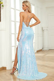 Mermaid Spaghetti Straps Blue Sequins Long Prom Dress with Split Front