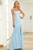 Load image into Gallery viewer, Mermaid Spaghetti Straps Blue Sequins Long Prom Dress with Split Front