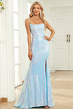 Mermaid Spaghetti Straps Blue Sequins Long Prom Dress with Split Front