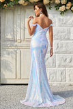 Mermaid Off the Shoulder White Sequins Long Prom Dress with Split Front