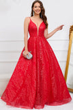 Sparkly Spaghetti Straps Red Long Prom Dress