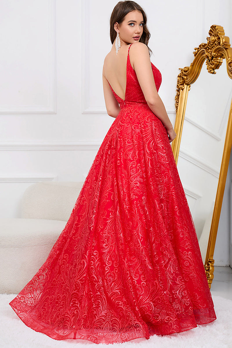 Load image into Gallery viewer, Sparkly Spaghetti Straps Red Long Prom Dress