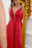 Sparkly Spaghetti Straps Red Long Prom Dress