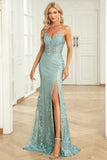 Mermaid Spaghetti Straps Green Long Prom Dress with Criss Cross Back