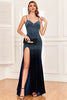 Load image into Gallery viewer, Navy Beading Spaghetti Straps Prom Dress with Slit