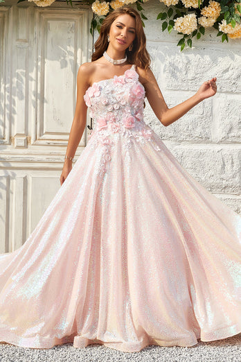 A Line One Shoulder Blush Long Prom Dress with Appliques