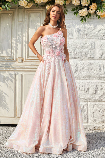A Line One Shoulder Blush Long Prom Dress with Appliques