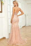 Mermaid Spaghetti Straps Blush Sequins Long Prom Dress with Train