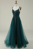 A Line Spaghetti Straps Dark Green Long Prom Dress with Appliques