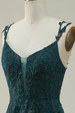 A Line Spaghetti Straps Dark Green Long Prom Dress with Appliques